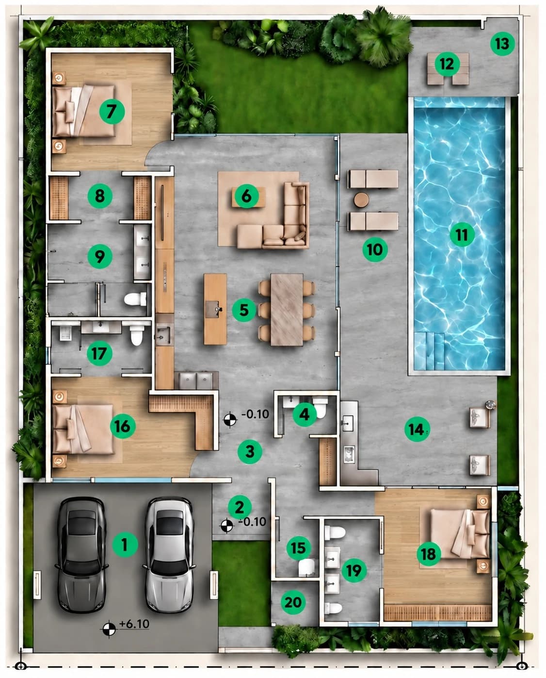 Eingeschossige Villa mit drei Schlafzimmern, Grundriss der Grundstücke 2 und 3