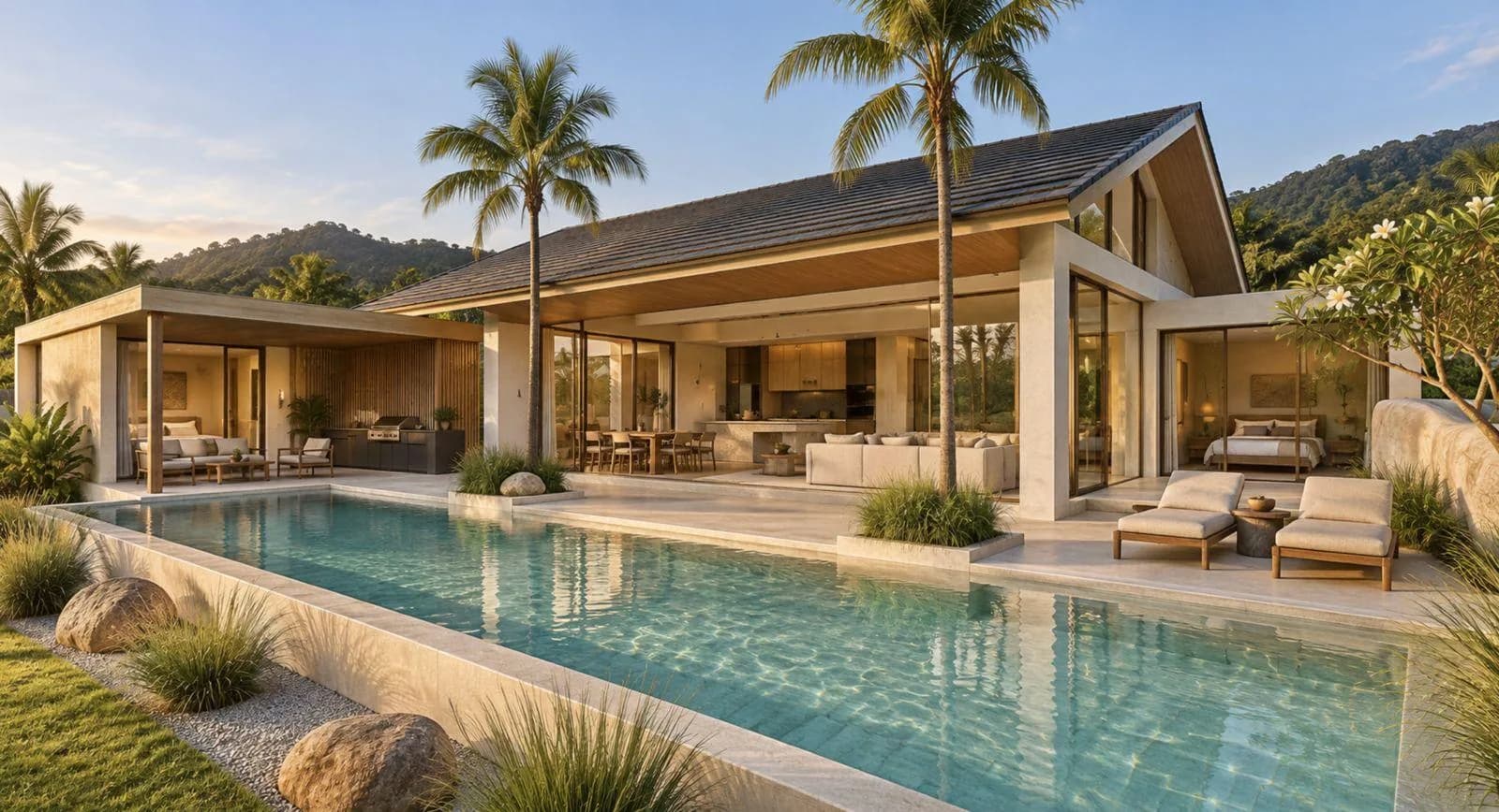 Eingeschossige Villa: Pool und Terrasse bei Tag